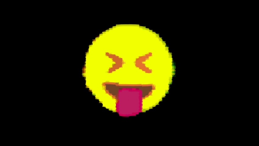 Pixelated emoji face with the tongue out over a black background.