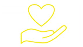 Animated yellow pounding heart on palm. Looped video of heartbeating. Concept of charity, health, medicine. Vector illustration isolated on the white background.