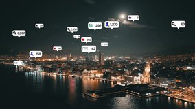 Social media icons fly over city downtown showing people engagement connection through social network application platform . Concept for online community and social media marketing strategy . - Powered by Shutterstock - Get 15% off with code: PIKWIZARD15