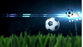 Animation of confetti and flag of brazil over football and stadium. Global sport, patriotism and digital interface concept digitally generated video. Brazil football. 3d animation soccer ball, flag.