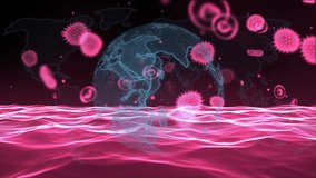 Animation of covid-19 cells floating over spinning globe against pink digital wave. Covid-19 pandemic concept - Powered by Shutterstock - Get 15% off with code: PIKWIZARD15