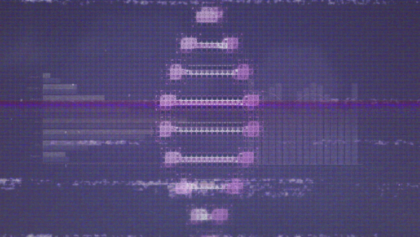 Animation of glitch effect over dna structure and statistical data processing on purple background. Medical research and science technology concept - Powered by Shutterstock - Get 15% off with code: PIKWIZARD15
