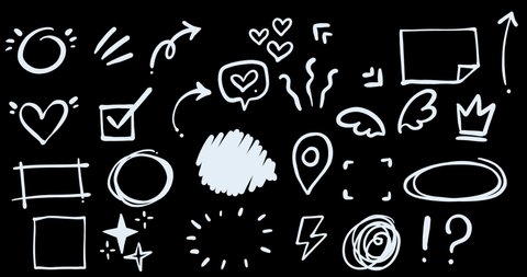 Set of Animated Hand Drawn Highlighter Elements, Doodle marker elements, arrows, circles, check marks, hearts, frames, borders for selecting text. Alpha channel.  : vidéo de stock