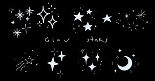 Hand drawn shining stars. Set of animated cartoon white sparkles in doodle style on transparent background. Alpha channel. Looped stickers for videos. A cloud of cosmic shining dust.