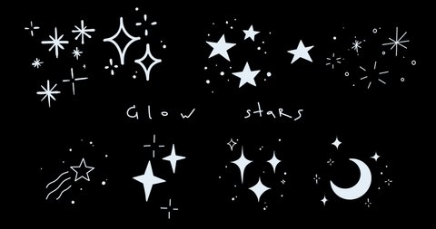 Hand drawn shining stars. Set of animated cartoon white sparkles in doodle style on transparent background. Alpha channel. Looped stickers for videos. A cloud of cosmic shining dust. Video de stock