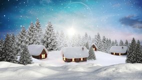 Animation of baubles and snow falling over winter landscape. Christmas, tradition and celebration concept digitally generated video.