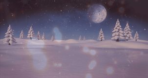 Animation of light spots over presents and santa claus with reindeer on winter landscape. Christmas, tradition and celebration concept digitally generated video.
