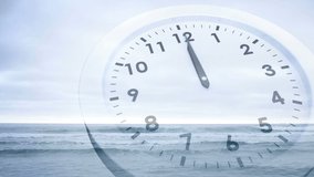 Animation of happy new year text over counting down clock against sea with clear sky. Digital composite, multiple exposure, ocean, waves, time, new year eve, nature, holiday and celebration concept. - Powered by Shutterstock - Get 15% off with code: PIKWIZARD15