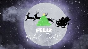 Animation of feliz navidad, christmas tree and santa sleigh over full moon and snow falling. Christmas, tradition and celebration concept digitally generated video. - Powered by Shutterstock - Get 15% off with code: PIKWIZARD15
