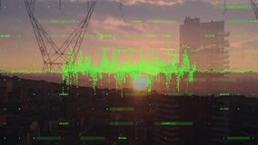 Animation of financial graphs over electricity poles at sunset. Global finance, economy, green energy and eco power digitally generated video. - Powered by Shutterstock - Get 15% off with code: PIKWIZARD15
