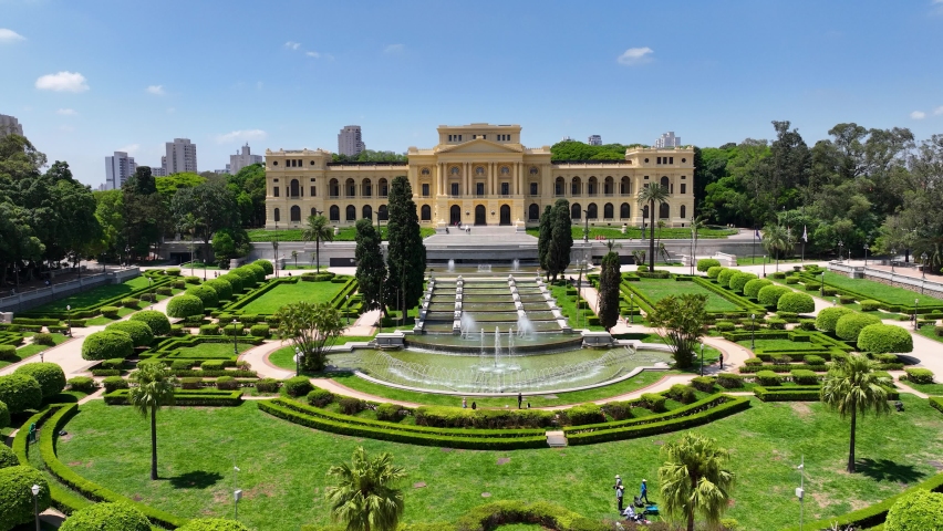 Famous Brazil Independence Museum at downtown Sao Paulo Brazil restorative in 2022. Medieval Building at downtown city. Scenic garden and landmark building of city. Sao Paulo Brazil.