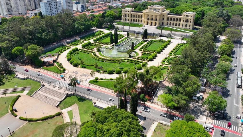 Famous Ipiranga Museum at downtown Sao Paulo Brazil restorative in 2022. Medieval Building at downtown city. Scenic garden and landmark building of city. Sao Paulo Brazil.
