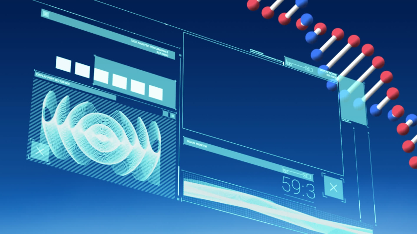 Animation of dna, data processing and smoke on navy digital screen. Human biology, science, data processing and technology concept digitally generated video. - Powered by Shutterstock - Get 15% off with code: PIKWIZARD15