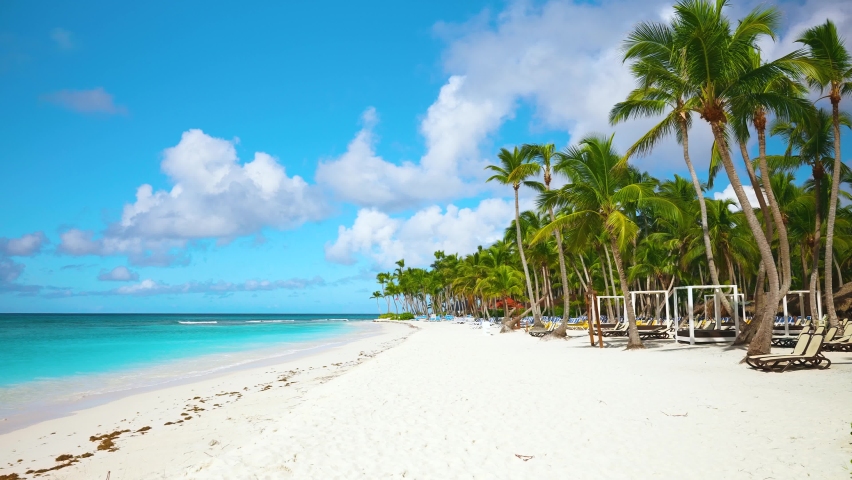 Sea beach with green palms and deck chairs on white sand. Blue ocean waves under bright cloudy sky. Relax on the beach. Sunny day at the seaside. Tropical paradise. Best beaches in the world.
