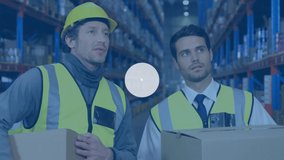 Animation of network of connections with icons over diverse workers in warehouse. Global shipping, delivery and digital interface concept digitally generated video.