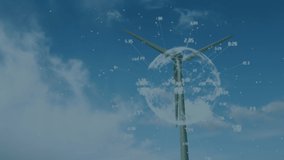 Animation of financial data processing and globe over wind turbine. Global environment, sustainability, wind energy, computing, connections and data processing concept digitally generated video. - Powered by Shutterstock - Get 15% off with code: PIKWIZARD15