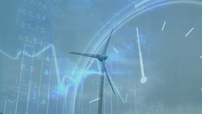 Animation of financial data processing and clock over wind turbine. Global environment, sustainability, wind energy, computing, connections and data processing concept digitally generated video. - Powered by Shutterstock - Get 15% off with code: PIKWIZARD15