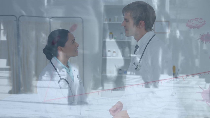 Animation of covid 19 virus data processing over male and female doctors. Global covid 19 pandemic, healthcare, computing, connections and data processing concept digitally generated video.