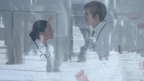 Animation of covid 19 virus data processing over male and female doctors. Global covid 19 pandemic, healthcare, computing, connections and data processing concept digitally generated video. - Powered by Shutterstock - Get 15% off with code: PIKWIZARD15