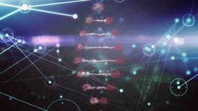 Animation of rotating dna helix and dots connected with lines and lens flares on abstract background. Digitally generated, hologram, illustration, illuminated, molecule, healthcare and communication. - Powered by Shutterstock - Get 15% off with code: PIKWIZARD15
