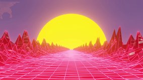 4K metaverse futuristic footage video, background 1980s and 1990s retro sci-fi style 3d illustration. Digital landscape in a cyber world. For use as footage editing.
