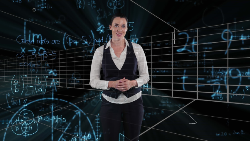 Animation of businesswoman over mathematical data processing. Global business, science, education, connections, computing and data processing concept digitally generated video. - Powered by Shutterstock - Get 15% off with code: PIKWIZARD15