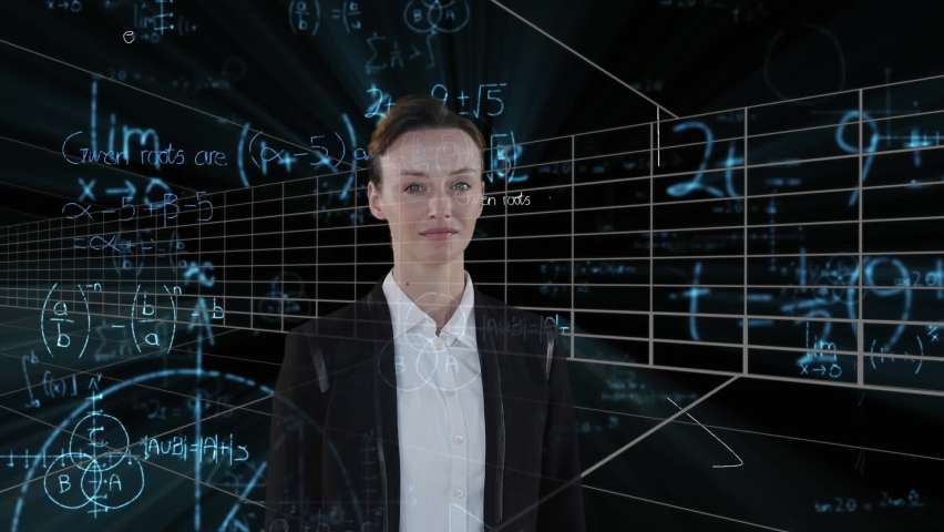 Animation of businesswoman over mathematical data processing. Global business, science, education, connections, computing and data processing concept digitally generated video. - Powered by Shutterstock - Get 15% off with code: PIKWIZARD15