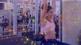 Animation of data processing over woman exercising. Global sports, connections, computing and data processing concept digitally generated video.