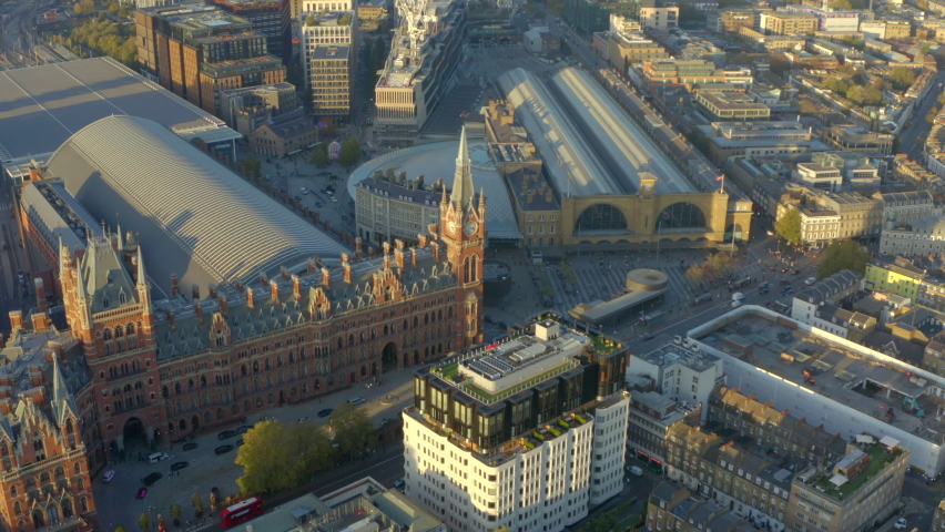 High aerial slider shot of Kings cross St Pancras train stations London