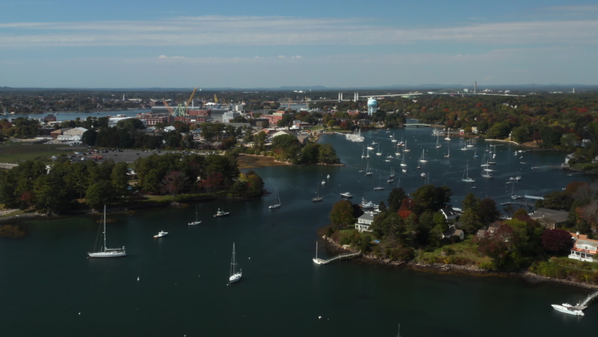 Stunning aerial view of dozens of boats in the Piscataqua river near Portsmouth, New Hampshire