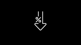 Percent down line icon animation.white icon on black background.