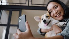 Happy Asian woman takes selfie with Welsh corgi hugging pet tenderly. Young female owner kisses cute dog lovingly and animal licks lady face closeup - Powered by Shutterstock - Get 15% off with code: PIKWIZARD15