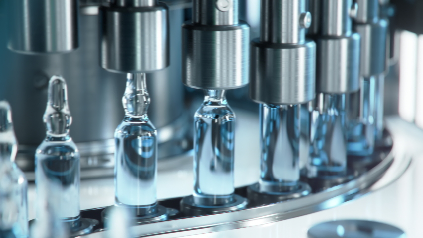Close-up of Medical Ampoule Production Line at Modern Modern Pharmaceutical Factory. Glass Ampoules are being Filled. Medication Manufacturing Process. Royalty-Free Stock Footage #1097155665