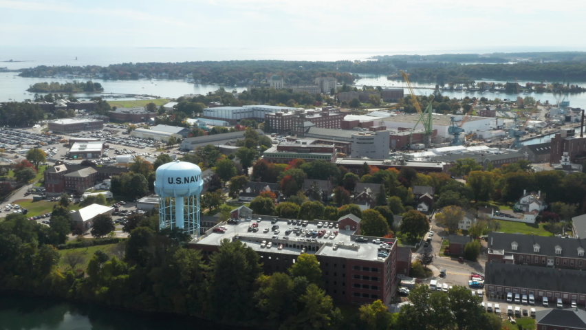 Gorgeous aerial shot of the naval shipyard at Portsmouth, New Hampshire