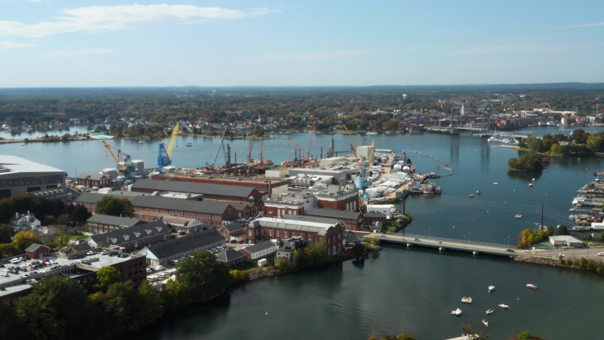 Incredible high flying drone shot of the naval shipyard at Portsmouth, New Hampshire
