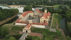 Top view of the Nesvizh Castle and the park in the summer.Belarus