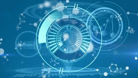 Animation of data processing and scope scanning over dna strand and molecules on blue background. Global technology, computing and digital interface concept digitally generated video. - Powered by Shutterstock - Get 15% off with code: PIKWIZARD15