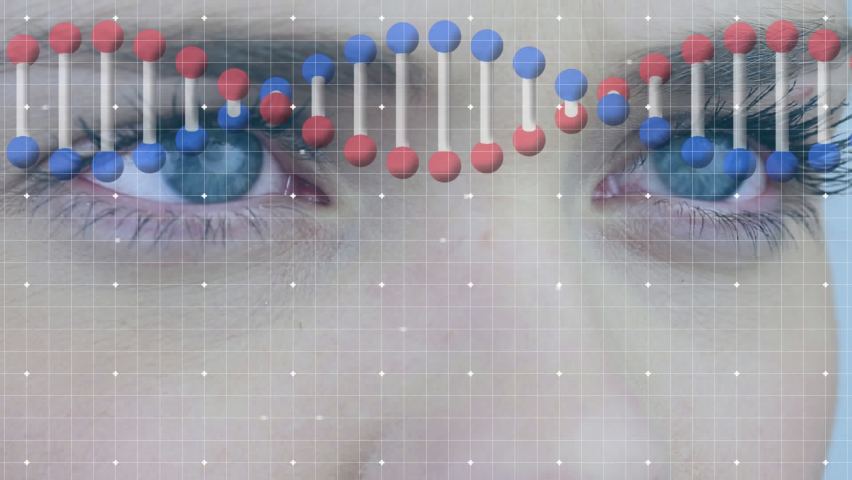 Animation of dna strand and lines over eyes of caucasian woman. Global science and digital interface concept digitally generated video. - Powered by Shutterstock - Get 15% off with code: PIKWIZARD15