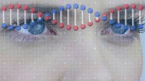 Animation of dna strand and lines over eyes of caucasian woman. Global science and digital interface concept digitally generated video. - Powered by Shutterstock - Get 15% off with code: PIKWIZARD15