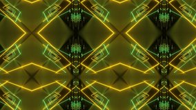 Bright psychedelic mirror pattern with neon glowing lines. Abstract neon glowing geometric mosaic in futuristic design. Modern vj loop night club or party background