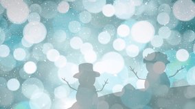 Animation of snow falling over light spots and snowmen on blue background. Christmas, tradition and celebration concept digitally generated video.