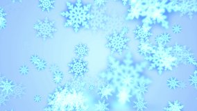 Beautiful festive blue Christmas New Year snowflakes shining falling glowing with blur effect and bokeh on blue background. Abstract background. Screensaver, video in high quality 4k