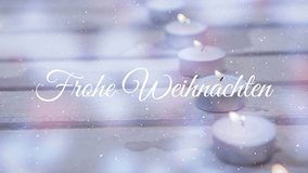 Animation of frohe weihnachten and snow falling over candles. Christmas, tradition and celebration concept digitally generated video. - Powered by Shutterstock - Get 15% off with code: PIKWIZARD15