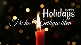 Animation of frohe weihnachten christmas greetings text over candle. Christmas, festivity, celebration and tradition concept digitally generated video. - Powered by Shutterstock - Get 15% off with code: PIKWIZARD15