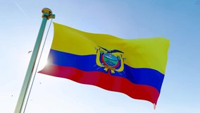 Flag of Ecuador waving in the wind, sky and sun background. Ecuador Flag Video. Realistic Animation, 4K UHD 25 FPS. 3D Animation