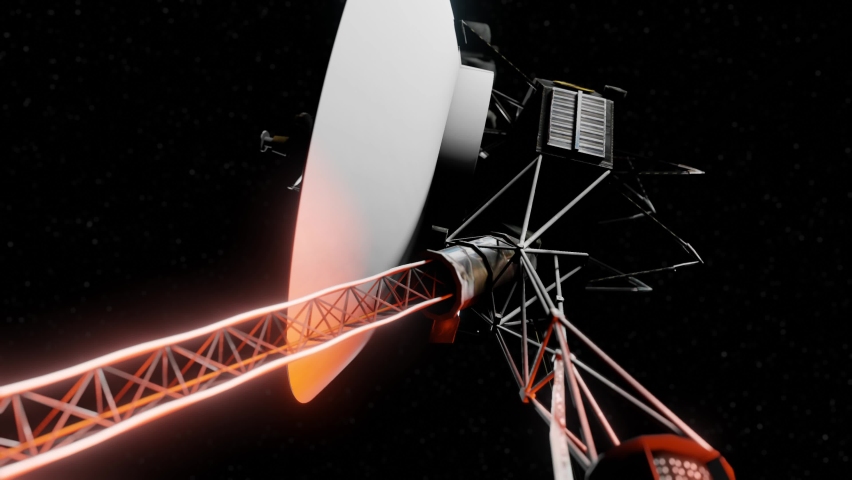 3D Animation of the Voyager space probe showing close up details of it's computer and antenna