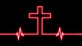 Animation of the cross of Jesus Christ illuminated with red neon. Cross of Jesus and Electrocardiogram in animation. Religious video, Gospel of Jesus. The blue cross with a black background. Peace - Powered by Shutterstock - Get 15% off with code: PIKWIZARD15