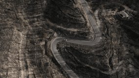 Aerial shot of a white car driving on a sharp bend in a burned forest area