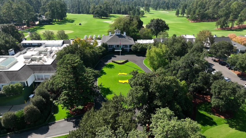 Clubhouse at Augusta National Golf Course in Georgia. Aerial approach of best golf course in USA. Royalty-Free Stock Footage #1097179215