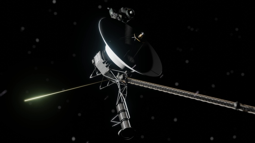 3D Animation of the Voyager space probe traveling through space with particles and dramatic lighting
